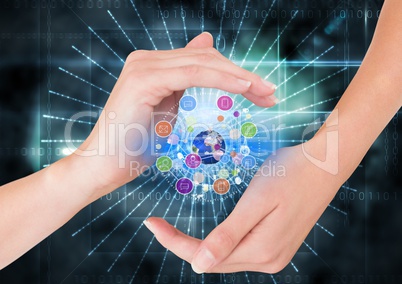 hands with application icons and earrh with lights and flares. technology background