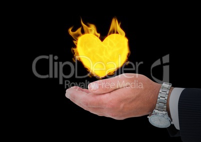 hand with heart  fire icon over. Black background