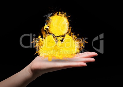 hand with contact  fire icon over. Black background