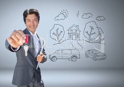 Businessman Holding key with home drawings in front of vignette