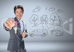 Businessman Holding key with home drawings in front of vignette