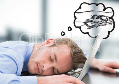 Business man asleep at laptop dreaming of holiday against blurry grey office