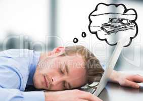 Business man asleep at laptop dreaming of holiday against blurry grey office