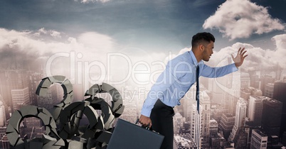 Broken concrete stone with Question symbol and businessman in cityscape