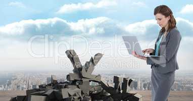 Broken concrete stone with Yen symbol and businesswoman in cityscape