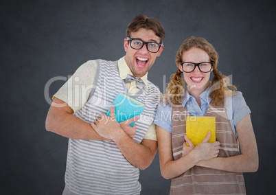 Nerd couple against grey background with grunge overlay