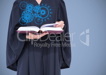 Judge mid section with blue interface and book against lilac background
