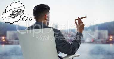 Back of business man in chair with cigar dreaming of holiday against blurry skyline