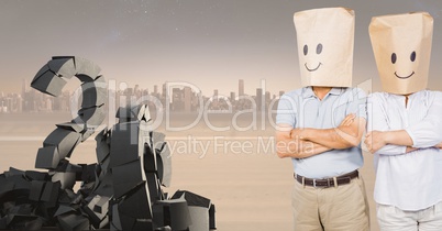 Broken concrete stone with Question symbol and people with bag heads smiley faces in cityscape