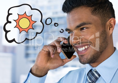 Close up of business man on phone thinking of sun against blurry building