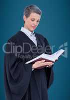 Female judge reading against blue background