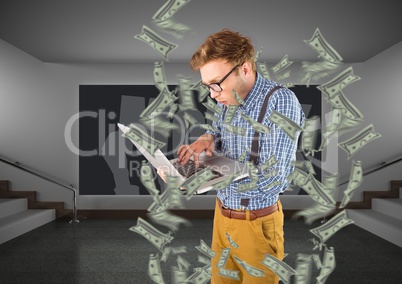 texting money. hipster with laptop,  money around.