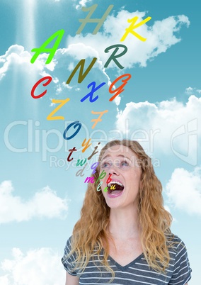 young  woman shouting with colour letters coming up from mouth