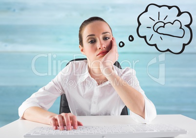 Bored business woman at desk dreaming of sun against blurry blue wood panel