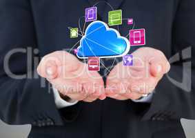 businessmans hands with cloud with application icons over.