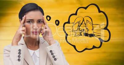 Frustrated business woman dreaming of beach against blurry yellow office