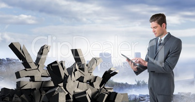 Broken concrete stone with Yen money symbol and businessman in cityscape