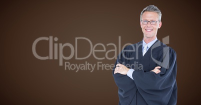 Male judge arms folded against brown background