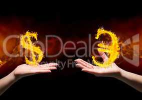 hand with dolar fire icon over and hand with euro fire icon over. Black and red (fire) background