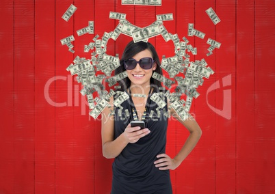 texting money. woman with rich appearance with phone. Money coming up from phone
