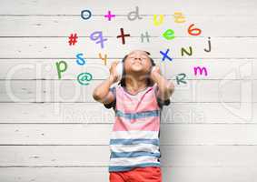 boy listening music with colour letters around