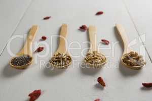 Various breakfast cereals in wooden spoon