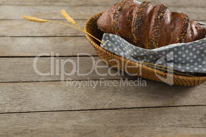 High angle view of brown bread in basket