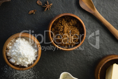 Overhead view of ingredient and flour in bowls