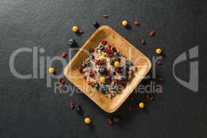 Plate of breakfast cereal with fruits on black background