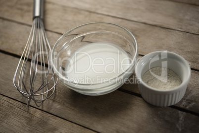 High angle view of milk and flour in bowls by wire whisk