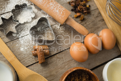 High angle view of egg and spices with ingredients