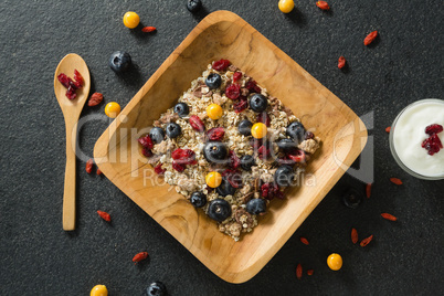 Plate of breakfast cereal and yogurt on black background