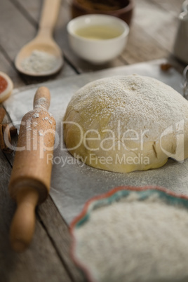 Close up of dough by ingredients