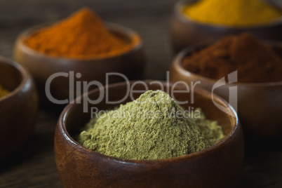 Various spice powder in wooden bowl