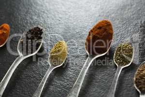 Various type spices on spoon