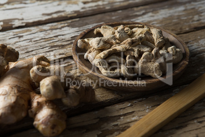 High angle view of dried gingers in plate on weathered table