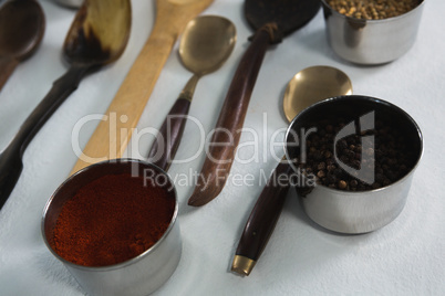 Various type of spoons with spices in bowlc