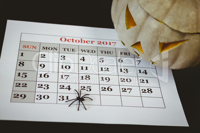 Jack o lantern with artificial spider on calender over black background