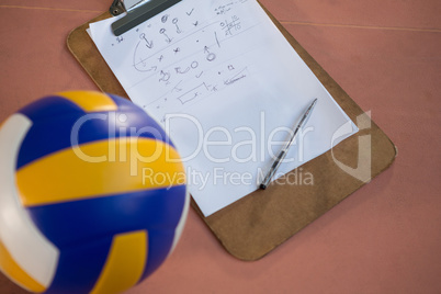 Volleyball and clipboard in the court