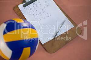 Volleyball and clipboard in the court