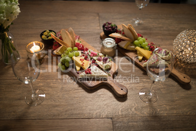 Overhead of various food on wooden board