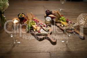Overhead of various food on wooden board