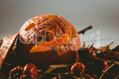 Close up of jack o lantern with small pumpkins and leaves