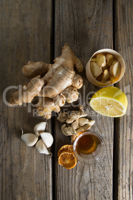 Tea with folk medicine on table