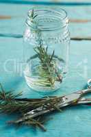 Rosemary and scissors on wooden table