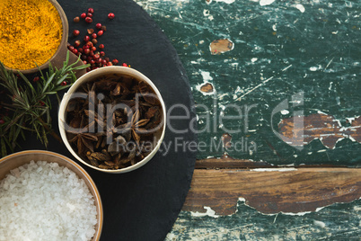 Various spices arranged in board