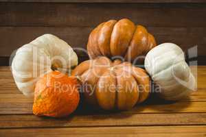 High angle view of colorful pumpkins on table