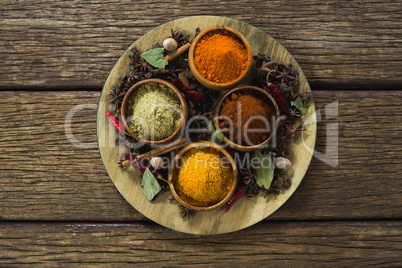 Various spices on wooden board