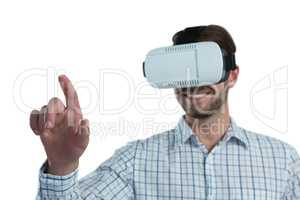 Man gesturing while using virtual reality headset