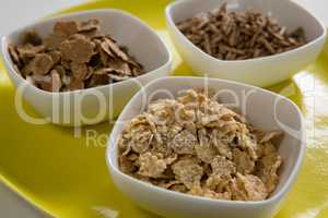 Wheat flakes and cereal bran sticks in bowl
